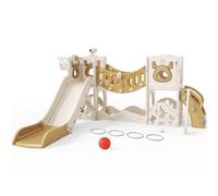 Brolteja Toddler Slide, Elk Theme Toddler Slide with Long Climbing Bridge Corridor,Golf Set, basketball Hoop, Climbing Frames, Baby Slide for Toddlers 1-3 Years Old, In&Outdoor Use (Khaki-7 in 1)