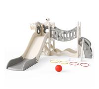 Brolteja Toddler Slide, Elk Theme Toddler Slide with Long Climbing Bridge Corridor,Golf Set, basketball Hoop, Climbing Frames,Baby Slide for Toddlers 1-3 Years Old,In&Outdoor Use (Beige Grey-6 in 1)