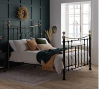 Bronte Double Black Metal Bed Frame - Victorian Style - Brass Finials and Top Rail - 4ft6 - Happy Beds