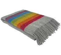 Bronte Rainbow Stripe Grey With Multi Colour Stripes Luxury 100% Pure New Shetland Wool Blanket Throw NHS Pride