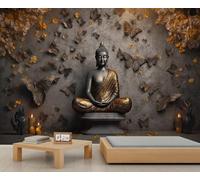 Bronze Buddha Wall Mural Buddhist Mural Relief Floral Butterfly Wallpaper Light Luxury Retro Buddha Murals for Bedroom Living Room No Foaming 430 x 300 cm