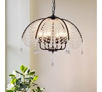 Bronze Farmhouse Crystal Chandelier, 6-Light Rustic Pendant Lighting Fixtures with Crystal Branch, Vintage French Country Chandeliers for Dining Room Living Room Kitchen Bedroom Restaurant