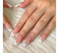 Bronze Gold False Nails French Tip - 24PCS Short Square Press on Nails - Nude Fake Nails with Glue - Copper Stick on Nails for Women - 12 Size Full Cover Acrylic Nail Tips and Glue