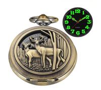 Bronze Hollowed Out Double Deer Quartz Men's Pocket Watch,Luminous Arabic Numerals Black Dial Pocket Watch with Chain, Deer-02, fashion
