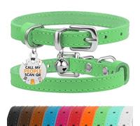 BRONZEDOG Leather Cat Collar with Bell Non Breakaway Kitten QR Tag for Girl Boy (7" - 9" for Cats, Green & Silver)