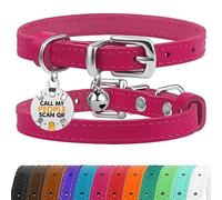 BRONZEDOG Leather Cat Collar with Removable QR-ID Tag - Kitten Collar with Bells, Non-Breakaway, for Girls & Boys (23-28 cm, Pink & Silver)
