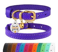 BRONZEDOG Leather Cat Collar with Removable QR-ID Tag - Kitten Collar with Bells, Non-Breakaway, for Girls & Boys (18-22 cm, Purple & Gold)