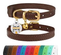BRONZEDOG Leather Cat Collar with Removable QR-ID Tag - Kitten Collar with Bells, Non-Breakaway, for Girls & Boys (23-28 cm, Brown & Gold)