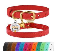 BRONZEDOG Leather Cat Collar with Removable QR-ID Tag - Kitten Collar with Bells, Non-Breakaway, for Girls & Boys (18-22 cm, Red & Gold)
