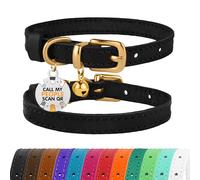 BRONZEDOG Leather Cat Collar with Removable QR-ID Tag - Kitten Collar with Bells, Non-Breakaway, for Girls & Boys (18-22 cm, Black & Gold)