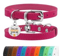BRONZEDOG Leather Cat Collar with Removable QR-ID Tag - Kitten Collar with Bells, Non-Breakaway, for Girls & Boys (18-22 cm, Pink & Silver)
