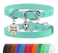 BRONZEDOG Leather Cat Collar with Removable QR-ID Tag - Kitten Collar with Bells, Non-Breakaway, for Girls & Boys (23-28 cm, Turquoise & Silver)