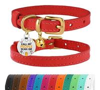 BRONZEDOG Leather Cat Collar with Removable QR-ID Tag - Kitten Collar with Bells, Non-Breakaway, for Girls & Boys (23-28 cm, Red & Gold)