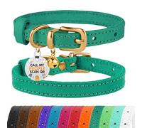 BRONZEDOG Leather Cat Collar with Removable QR-ID Tag - Kitten Collar with Bells, Non-Breakaway, for Girls & Boys (18-22 cm, Green & Gold)