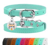 BRONZEDOG Leather Cat Collar with Removable QR-ID Tag - Kitten Collar with Bells, Non-Breakaway, for Girls & Boys (18-22 cm, Turquoise & Silver)