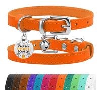 BRONZEDOG Leather Cat Collar with Removable QR-ID Tag - Kitten Collar with Bells, Non-Breakaway, for Girls & Boys (23-28 cm, Orange & Silver)