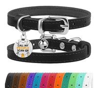BRONZEDOG Leather Cat Collar with Removable QR-ID Tag - Kitten Collar with Bells, Non-Breakaway, for Girls & Boys (23-28 cm, Black & Silver)