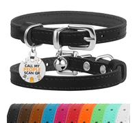 BRONZEDOG Leather Cat Collar with Removable QR-ID Tag - Kitten Collar with Bells, Non-Breakaway, for Girls & Boys (18-22 cm, Black & Silver)
