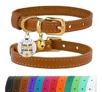 BRONZEDOG Leather Cat Collar with Removable QR-ID Tag - Kitten Collar with Bells, Non-Breakaway, for Girls & Boys (23-28 cm, Light Brown & Gold)