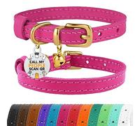 BRONZEDOG Leather Cat Collar with Removable QR-ID Tag - Kitten Collar with Bells, Non-Breakaway, for Girls & Boys (23-28 cm, Pink & Gold)