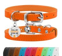 BRONZEDOG Leather Cat Collar with Removable QR-ID Tag - Kitten Collar with Bells, Non-Breakaway, for Girls & Boys (18-22 cm, Orange & Silver)
