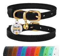 BRONZEDOG Leather Cat Collar with Removable QR-ID Tag - Kitten Collar with Bells, Non-Breakaway, for Girls & Boys (23-28 cm, Black & Gold)