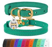 BRONZEDOG Leather Cat Collar with Removable QR-ID Tag - Kitten Collar with Bells, Non-Breakaway, for Girls & Boys (23-28 cm, Green & Gold)