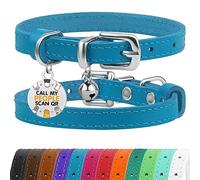 BRONZEDOG Leather Cat Collar with Removable QR-ID Tag - Kitten Collar with Bells, Non-Breakaway, for Girls & Boys (23-28 cm, Blue & Silver)