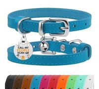 BRONZEDOG Leather Cat Collar with Removable QR-ID Tag - Kitten Collar with Bells, Non-Breakaway, for Girls & Boys (18-22 cm, Blue & Silver)
