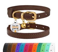 BRONZEDOG Leather Cat Collar with Removable QR-ID Tag - Kitten Collar with Bells, Non-Breakaway, for Girls & Boys (18-22 cm, Dark Brown & Gold)