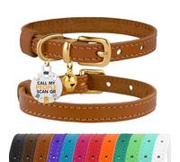 BRONZEDOG Leather Cat Collar with Removable QR-ID Tag - Kitten Collar with Bells, Non-Breakaway, for Girls & Boys (18-22 cm, Light Brown & Gold)