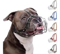 BRONZEDOG Pitbull Dog Muzzle Adjustable Metal Mask Wire Basket for Amstaff, Pit Bull, Large Dogs (Leather, Black)