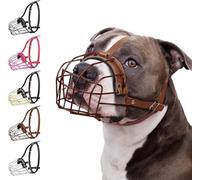 BRONZEDOG Pitbull Dog Muzzle Adjustable Metal Mask Wire Basket for Amstaff, Pit Bull, Large Dogs (Leather, Brown)