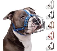 BRONZEDOG Pitbull Dog Muzzle Breathable Metal Basket for Large Dogs Amstaff Staffordshire Terrier Biting Chewing Barking (Leather, Blue)