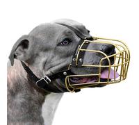 BRONZEDOG Pitbull Dog Muzzle Metal Mask Amstaff Wire Basket Pit Bull Adjustable Leather Straps for Large Dogs (Gold)