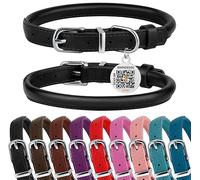 BRONZEDOG Rolled Leather Dog Collar for Small Medium Large Dogs with QR ID Tag (Glossy Black, XS: 23-28 cm)