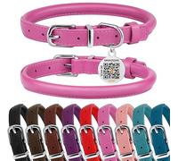 BRONZEDOG Rolled Leather Dog Collar for Small Medium Large Dogs with QR ID Tag (Hot Pink, M: 35-41 cm)