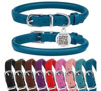 BRONZEDOG Rolled Leather Dog Collar for Small Medium Large Dogs with QR ID Tag (Ocean Blue, S: 30-36 cm)