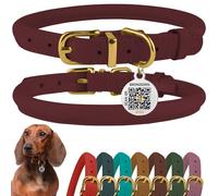 BronzeDog Rolled Leather Dog Collar with QR ID Tag, Adjustable Soft Round Collars for Small Medium Large Dogs Puppy (16" - 19" Neck Size, Burgundy)
