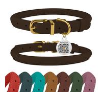 BRONZEDOG Rolled Leather Dog Collar with QR ID Tag Adjustable Soft Round Collars for Small Medium Large Dogs Puppy Cat (Brown, 23-28 cm)