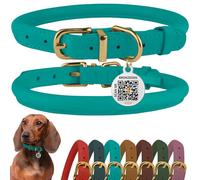 BRONZEDOG Rolled Leather Dog Collar with QR ID Tag Adjustable Soft Round Collars for Small Medium Large Dogs Puppy Cat (Turquoise, 23-28 cm)