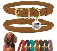 BRONZEDOG Rolled Leather Dog Collar with QR ID Tag Adjustable Soft Round Collars for Small Medium Large Dogs Puppy Cat (Light Brown, 28-36 cm)