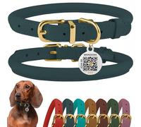 BRONZEDOG Rolled Leather Dog Collar with QR ID Tag Adjustable Soft Round Collars for Small Medium Large Dogs Puppy Cat (Denim, 35-41 cm)