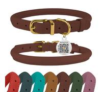 BRONZEDOG Rolled Leather Dog Collar with QR ID Tag Adjustable Soft Round Collars for Small Medium Large Dogs Puppy Cat (Cognac Brown, 40-48 cm)
