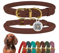 BRONZEDOG Rolled Leather Dog Collar with QR ID Tag Adjustable Soft Round Collars for Small Medium Large Dogs Puppy Cat (Cognac Brown, 23-28 cm)