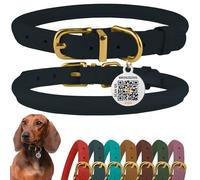 BRONZEDOG Rolled Leather Dog Collar with QR ID Tag Adjustable Soft Round Collars for Small Medium Large Dogs Puppy Cat (23-28 cm, Dark Blue)