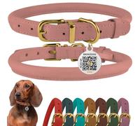 BRONZEDOG Rolled Leather Dog Collar with QR ID Tag Adjustable Soft Round Collars for Small Medium Large Dogs Puppy Cat (Blush, 28-36 cm)