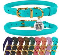 BRONZEDOG Rolled Leather Dog Collar with QR ID Tag Adjustable Soft Round Collars for Small Medium Large Dogs Puppy Cat (Turquoise, 35-41 cm)