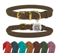 BronzeDog Rolled Leather Dog Collar with QR ID Tag, Adjustable Soft Round Collars for Small Medium Large Dogs Puppy (11" - 14 1/2" Neck Size, Nut Brown)