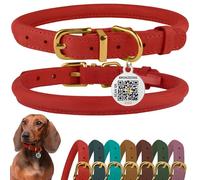 BRONZEDOG Rolled Leather Dog Collar with QR ID Tag Adjustable Soft Round Collars for Small Medium Large Dogs Puppy Cat (Classic Red, 23-28 cm)